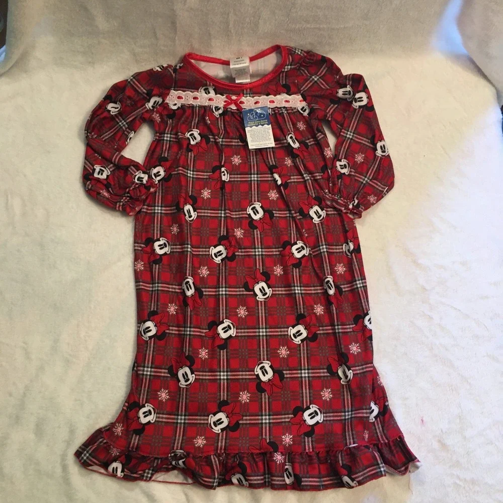 Disney Nightgown Girls 4 Red New Minnie Mouse Plaid Holiday Lace Long Sleeve